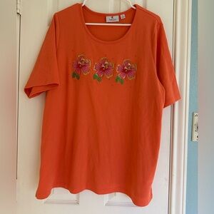 Quacker Factory Hibiscus Floral Shirt Size XL Orange and Pink